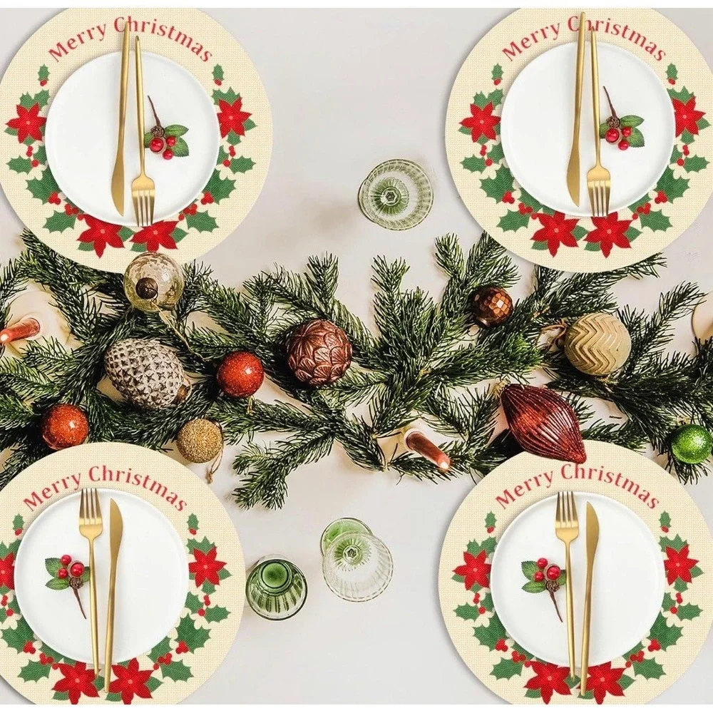 Remerry Poinsettia Round Christmas Placemats Set of 8,Flower Xmas Red Embroidere